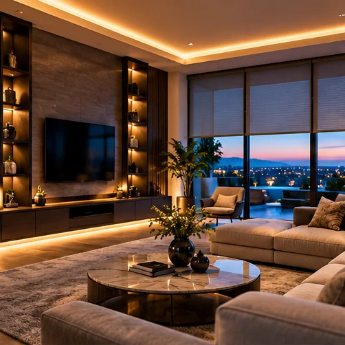 Modern smart home living room with integrated ambient lighting